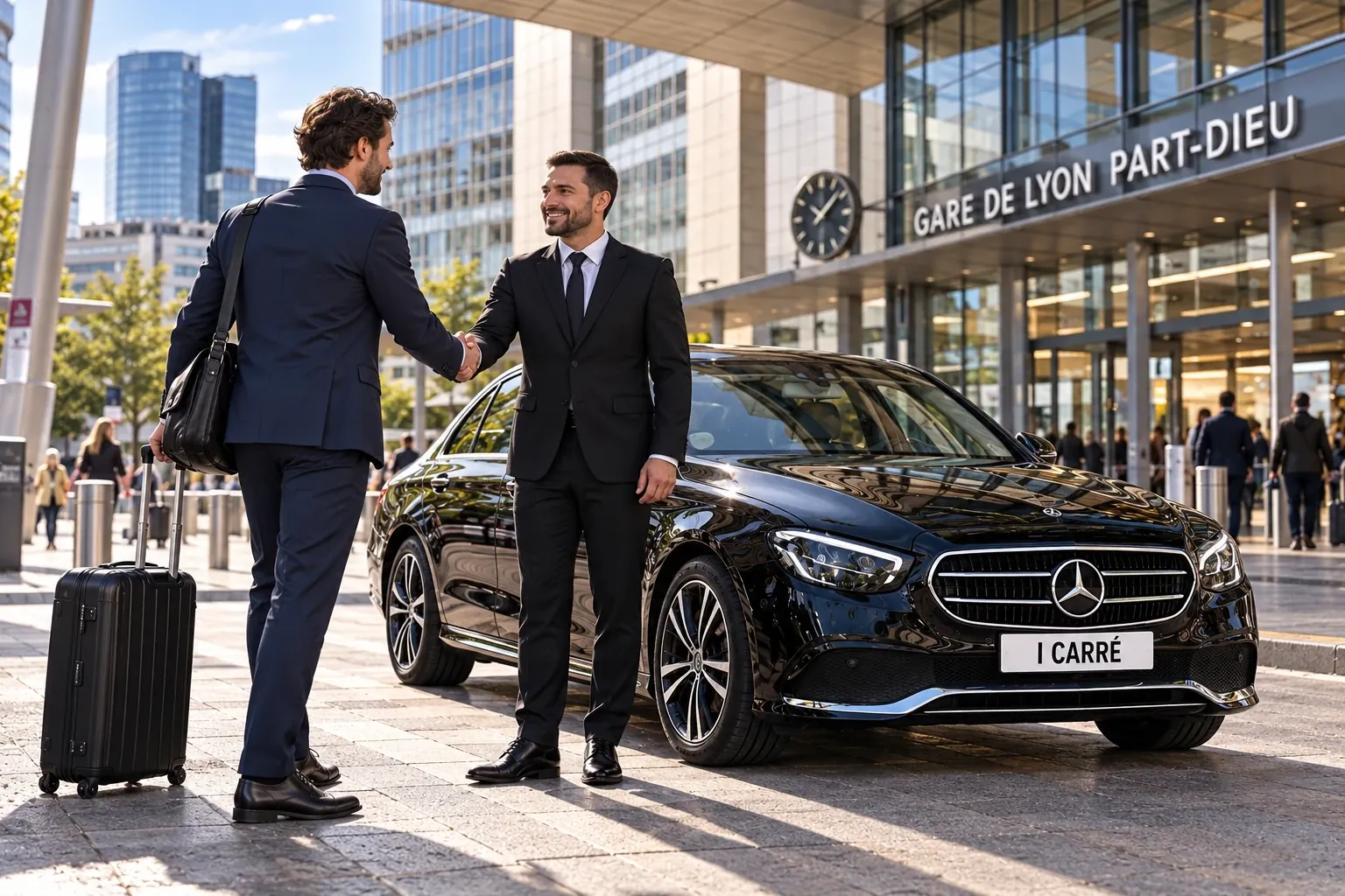 Chauffeur VTC attendant un voyageur à la gare de Lyon Part-Dieu
