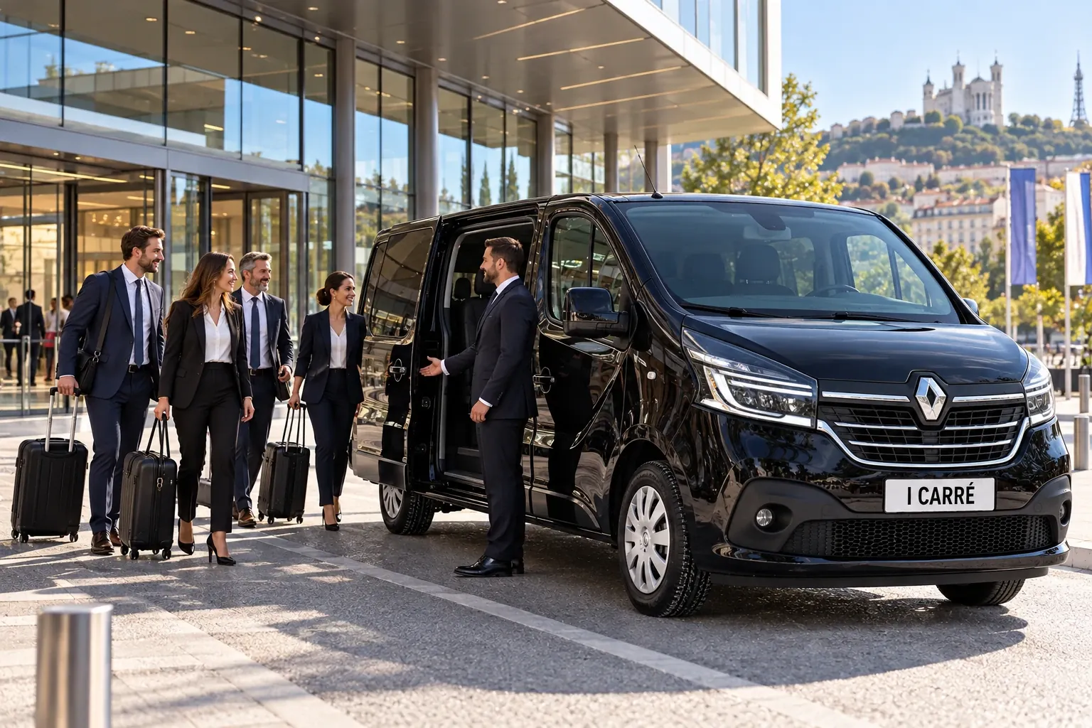Groupe de passagers à bord d'un van VTC avec chauffeur à Lyon