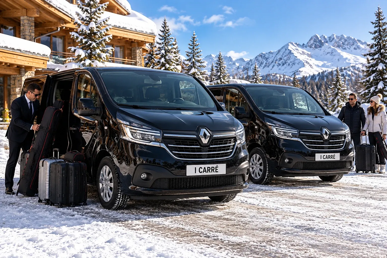 Chauffeur VTC accueillant des skieurs et leurs bagages pour un transfert Lyon Val d'Isère, alternative au taxi
