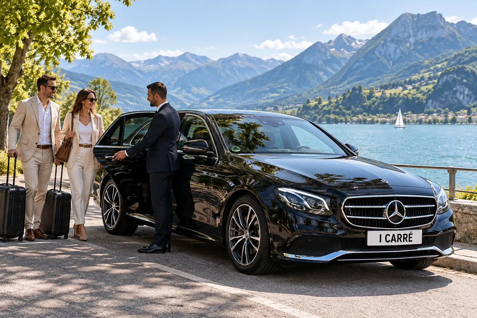 Chauffeur VTC ouvrant la portière pour un trajet Lyon Annecy, alternative au taxi