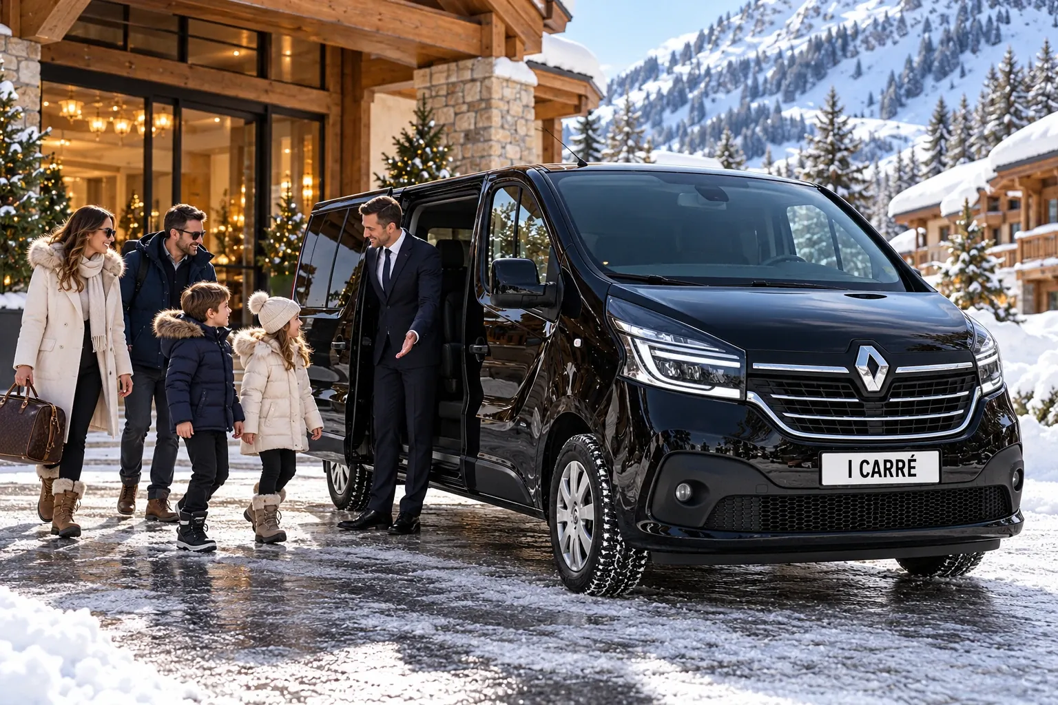 Chauffeur VTC accueillant des skieurs et leurs bagages pour un transfert Lyon Méribel, alternative au taxi