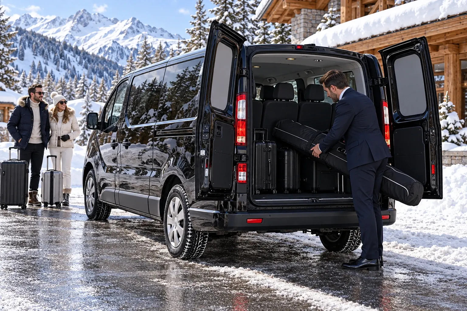 Chauffeur VTC ouvrant la portière pour un transfert Lyon Val Thorens, alternative au taxi